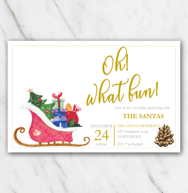 Christmas Party Invitation template with sleigh pine cone and golden letters