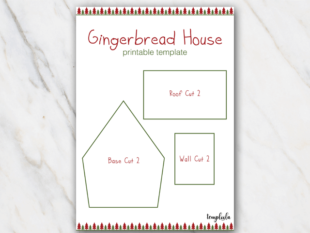 Example of gingerbread house template in red and green with christmas tree border