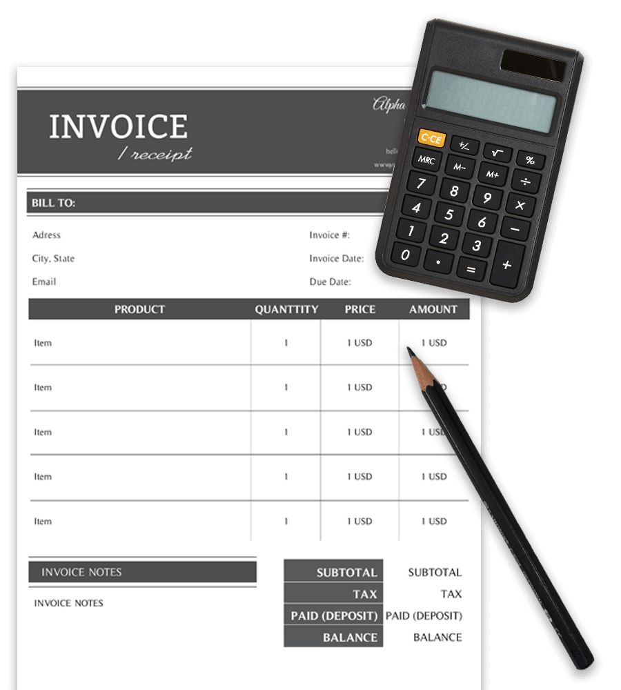 Example of an invoice template in Word with a calculator