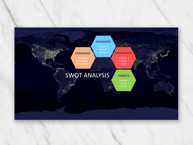 SWOT analysis with world map in background and hexagon blocks in different colors
