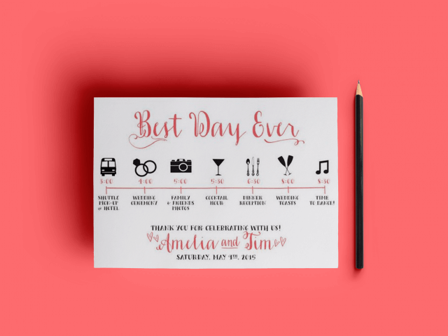 Wedding timeline program with pink and icons