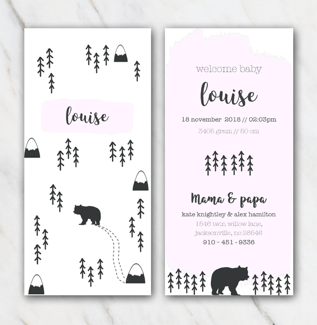 Mountain and bear birth announcement template for girl
