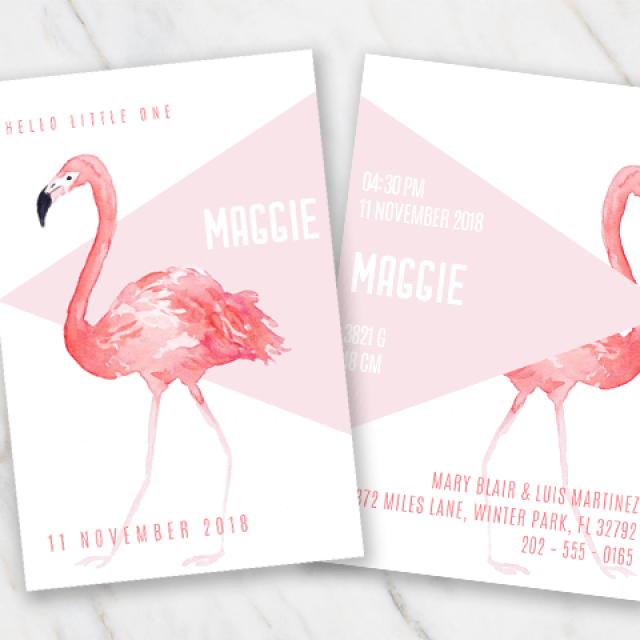 free birth announcement for Word with a flamingo