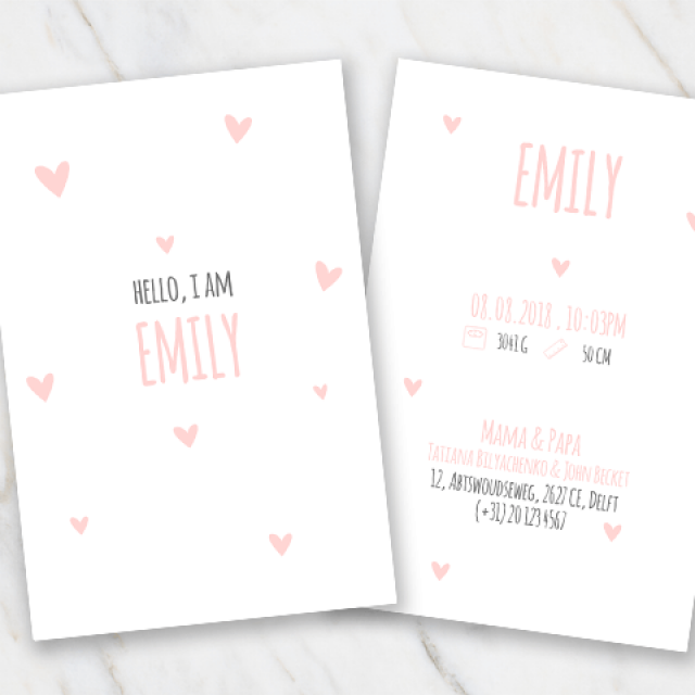 Cute birth card with hearts