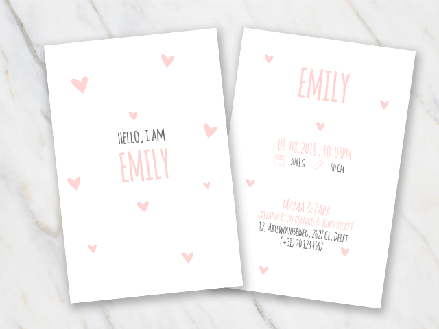Cute birth card with hearts