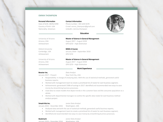 1 page resume CV for college graduates with or without icons and with green elements