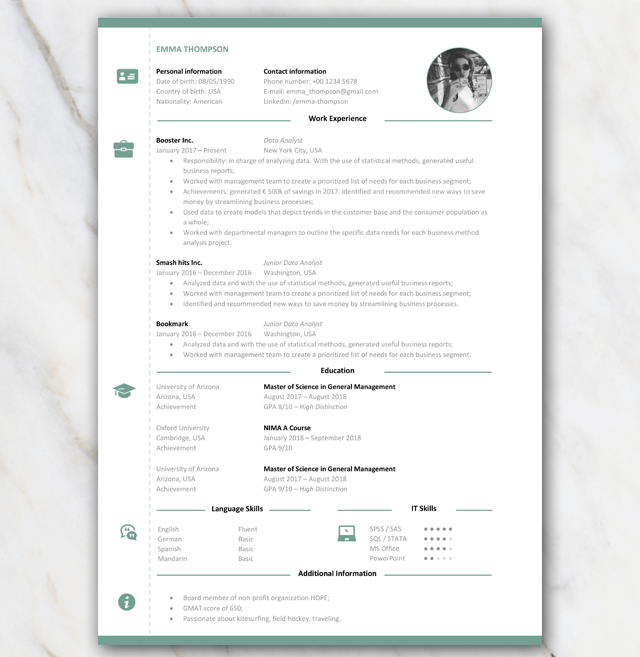 Consultancy Resumé CV with green elements and icons 1 page