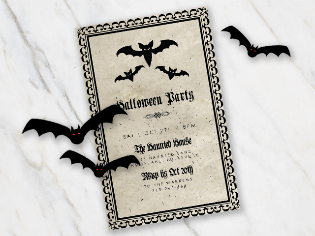 Halloween invitation with bats on parchment looking paper
