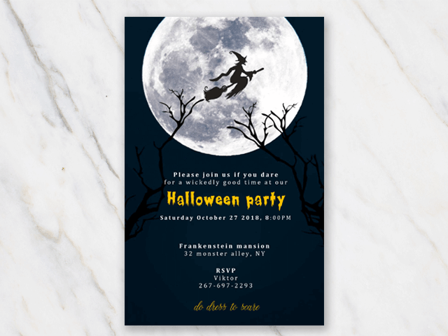 Halloween party invite template with dark background and witch on broom