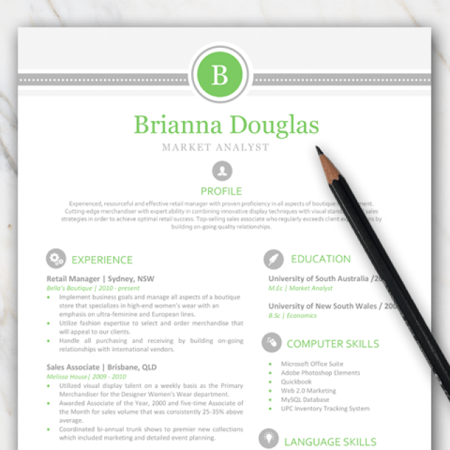 1 page resume template with vibrant green and grey colors