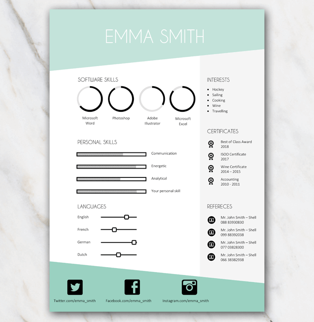 Page 2 of Emma Smith resume template with green and grey colors and stylish elements