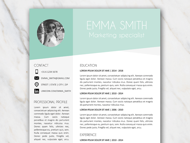 Part of page 1 of resume template of Emma Smith with green and grey colors