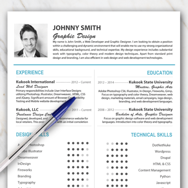 John Smith resume template with minimal text and blue and grey colors including picture
