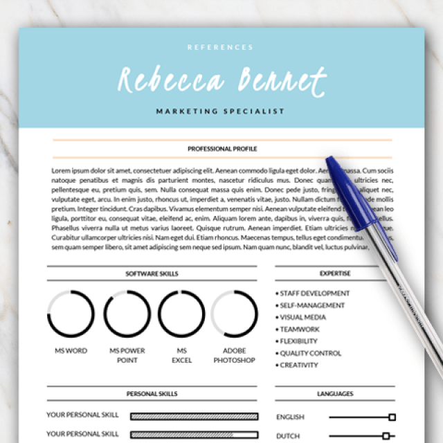 Example of first page of turquoise and orange resume template