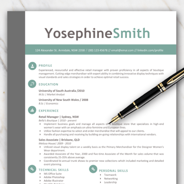 Example of 1 page resume template with grey, green and black colors