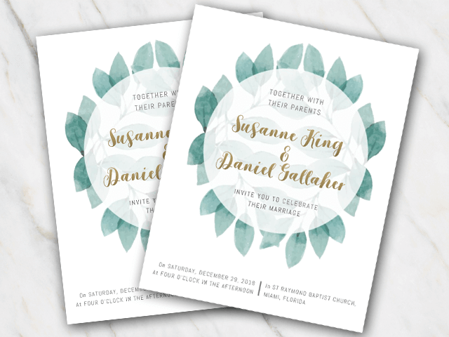 Wedding invitation template with a round of green leaves and gold font