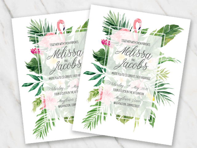 Invitation template in Word with a tropical theme and flamingo