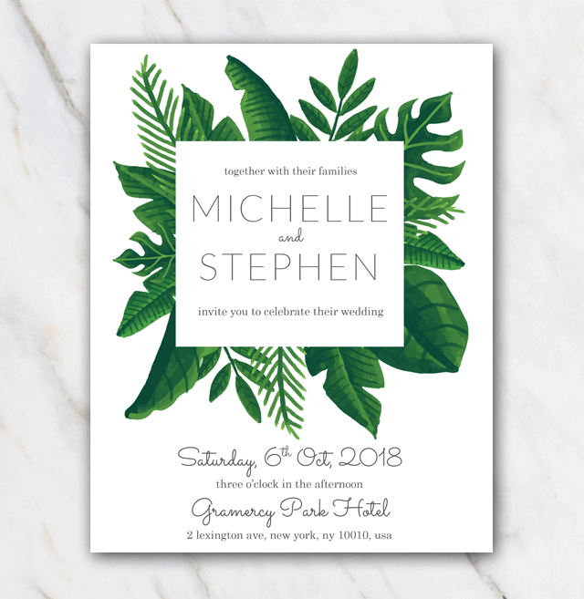 Tropical green wedding invitation