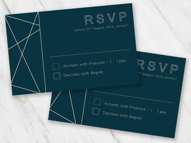 Wedding rsvp dark blue with copper foil and geometric lines