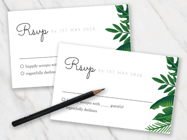 wedding rsvp template with a green tropical theme