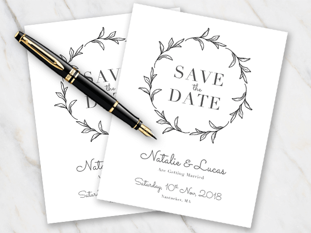 Wedding save-the-date in black and white with leaves and an elegant font