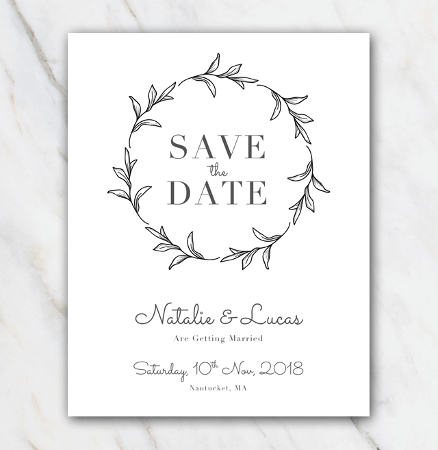 Black & white leaves wedding save-the-date