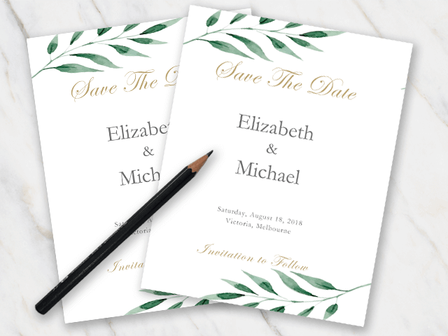 example of wedding save-the-date template with green olive branches and golden font