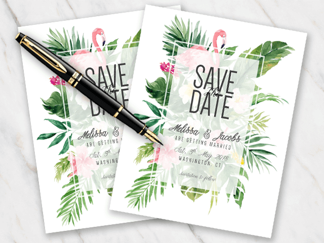 Example of wedding save-the-date with tropical flowers plants and flamingos