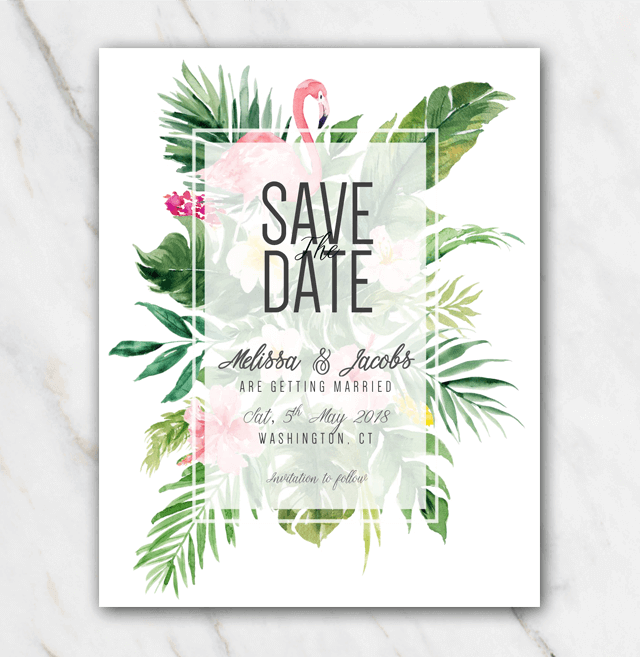 Tropical flamingo wedding save-the-date template