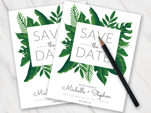 Wedding save-the-date template with green tropical leaves