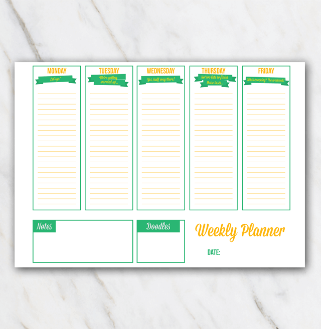 Arriba weekly planner with Irish green and orange colors and printable