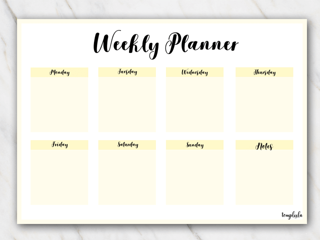 Printable weekly planner landscape in yellow