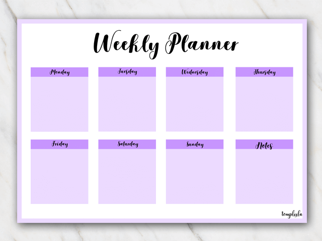 Printable weekly planner landscape in purple