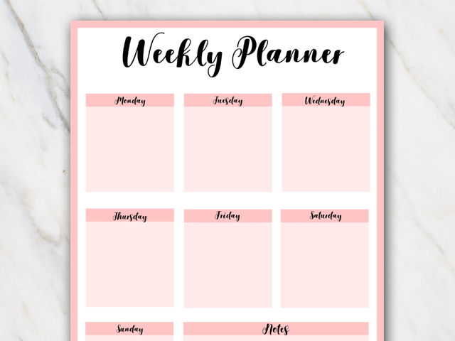 Printable weekly planner in pink colors portrait format